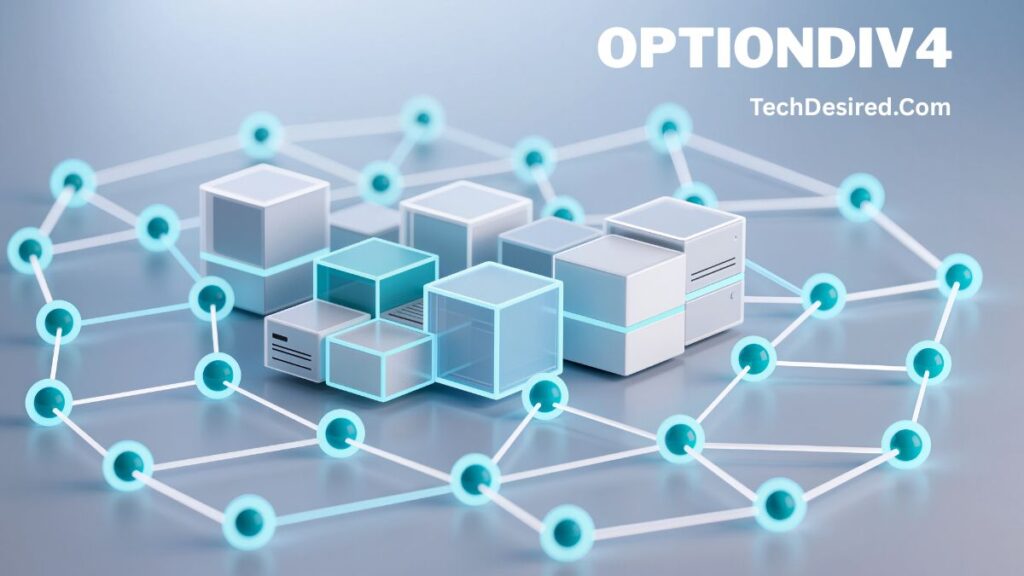 A digital illustration of interconnected nodes forming a glowing network grid, surrounding a cluster of 3D cubes and server-like blocks. Some cubes appear transparent, symbolizing data or digital storage. The background is light blue with the text “OPTIONDIV4” at the top right and “TechDesired.com” below it.