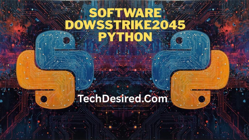 Abstract digital artwork featuring two large Python logos in blue and orange with circuit-board patterns. The background is a colorful, futuristic circuit design in dark blue, red, and purple tones. Text on the image reads “SOFTWARE DOWSSTRIKE2045 PYTHON” at the top and “TechDesired.com” at the bottom.