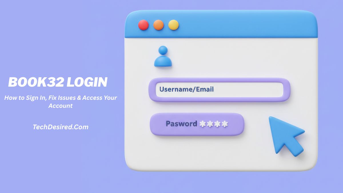 Book32 login page illustration showing username/email and password fields with sign-in concept.