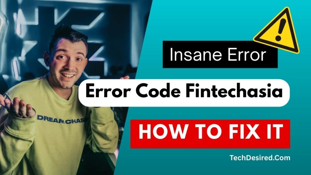 “Man looking confused with warning icon and text ‘Error Code FintechAsia – How to Fix It’ on a tech error guide image”