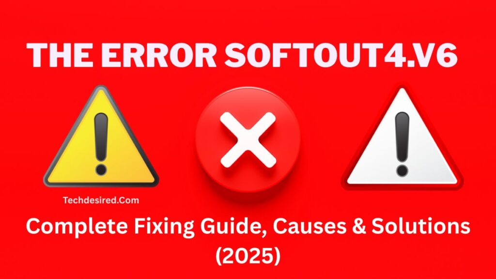 “A bright red background with warning icons: a yellow triangle with an exclamation mark on the left, a red circle with an ‘X’ in the center, and a white triangle with an exclamation mark on the right. At the top, bold white text reads ‘THE ERROR SOFTOUT4.V6.’ Below, smaller text says ‘Complete Fixing Guide, Causes & Solutions (2025)’ with ‘Techdesired.com’ written underneath the left icon.”