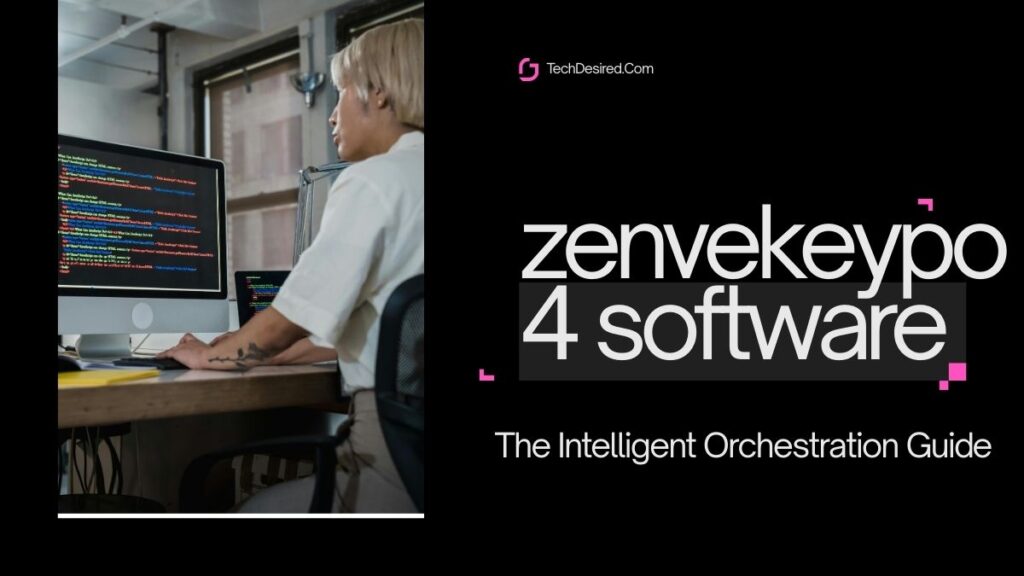 A person sitting at a desk working on a desktop computer displaying lines of colorful code. On the right side of the image, a dark background features the text “zenvekeypo 4 software” and the subtitle “The Intelligent Orchestration Guide,” with a small TechDesired.com logo at the top.