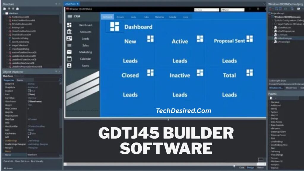 Screenshot of the GDTJ45 Builder software showing a CRM dashboard interface with blue tiles labeled New, Active, Proposal Sent, Closed, Inactive, and Total Leads, surrounded by development panels and menus, with “GDTJ45 Builder Software” text at the bottom.